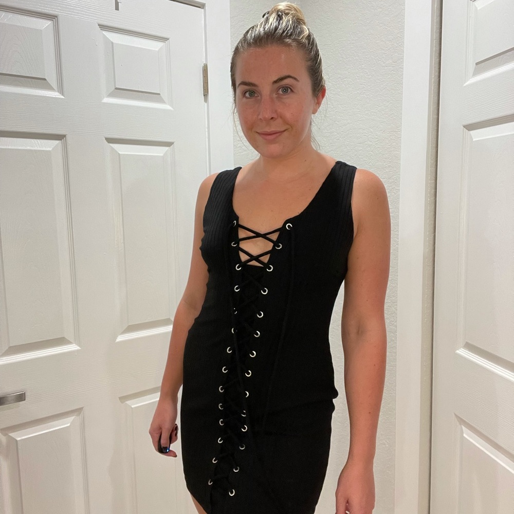 Black Lace Up Mini Dress